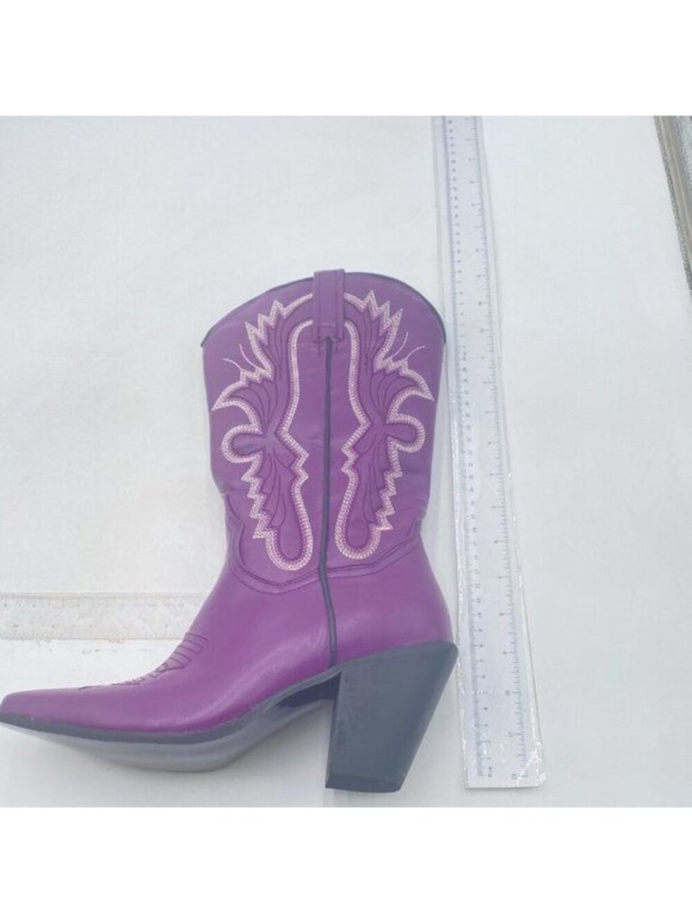 Purple Women Cowboy Boots Almond Toe Low Heel Pull On Westerm Knee High Boots